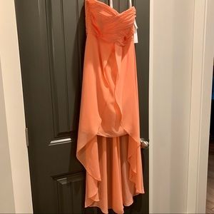 David’s Bridal coral strapless dress gown